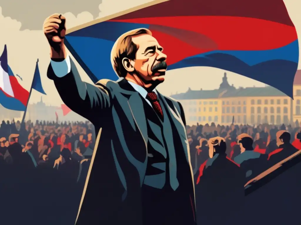 Un moderno arte digital de alta resolución muestra a Václav Havel liderando la Revolución de Terciopelo