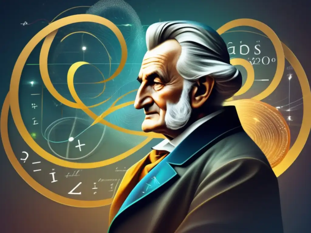 Un moderno arte digital de alta resolución representa a Carl Friedrich Gauss inmerso en sus pensamientos, rodeado de campos magnéticos y ecuaciones