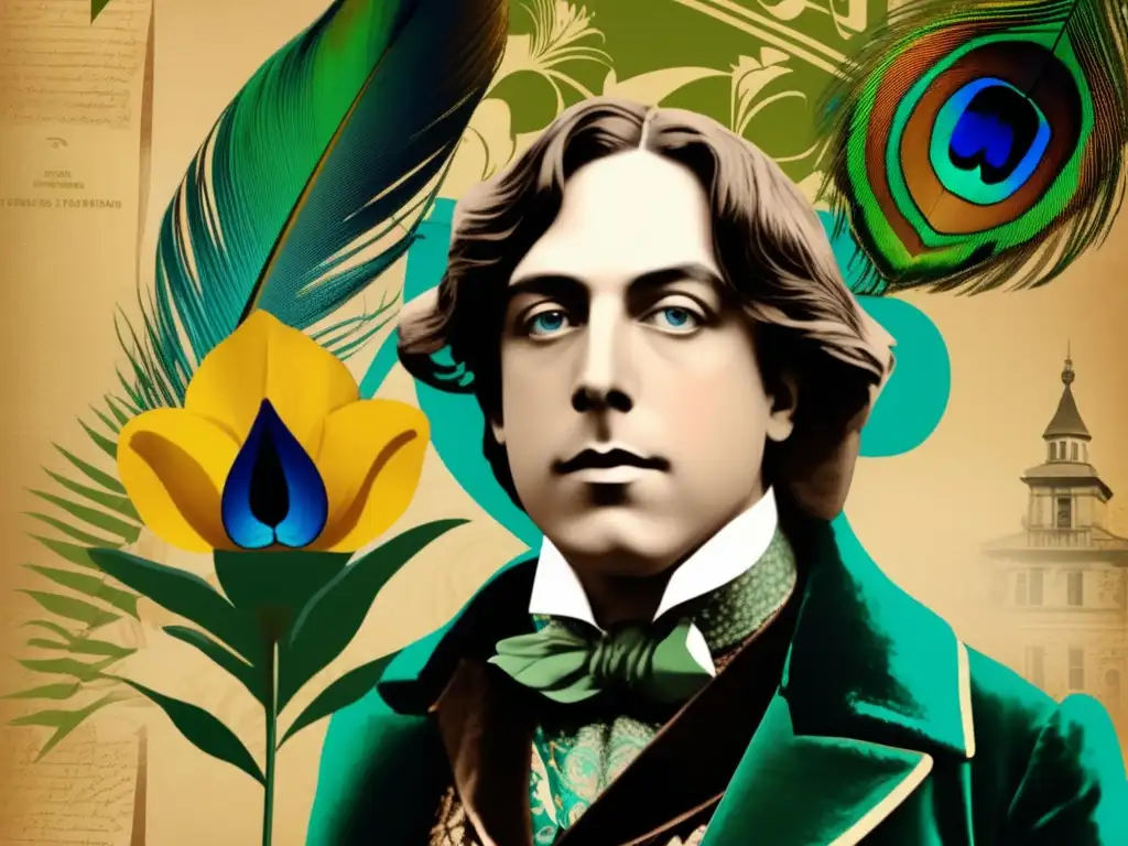 Un moderno collage digital de Oscar Wilde con elementos simbólicos como una pluma de pavo real, un lirio y un póster teatral vintage