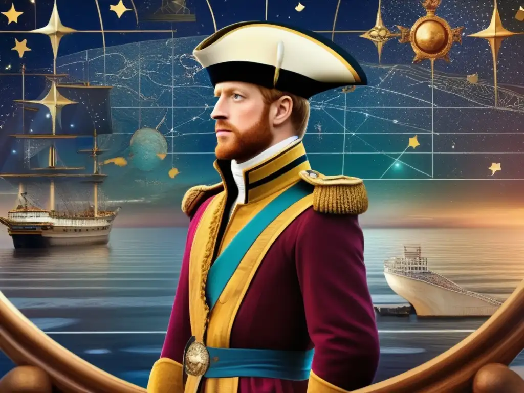 Un moderno collage digital de Enrique el Navegante en la cubierta de un barco, rodeado de antiguos mapas y constelaciones