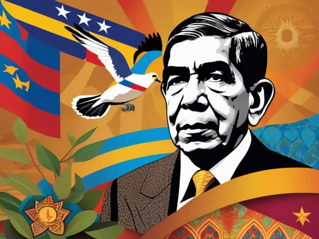 Un moderno collage digital de alta resolución muestra a Oscar Arias rodeado de símbolos de paz y los países de Centroamérica