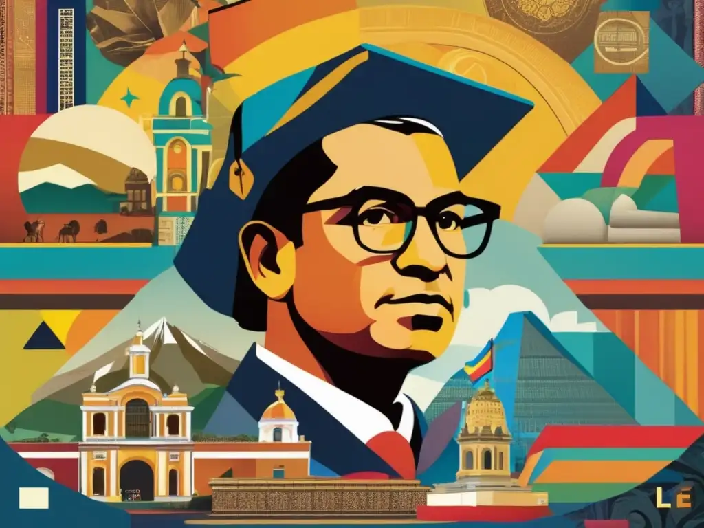 Un moderno collage digital vibrante que representa el legado de Alfonso López Michelsen en Colombia, con iconos educativos y paisajes históricos