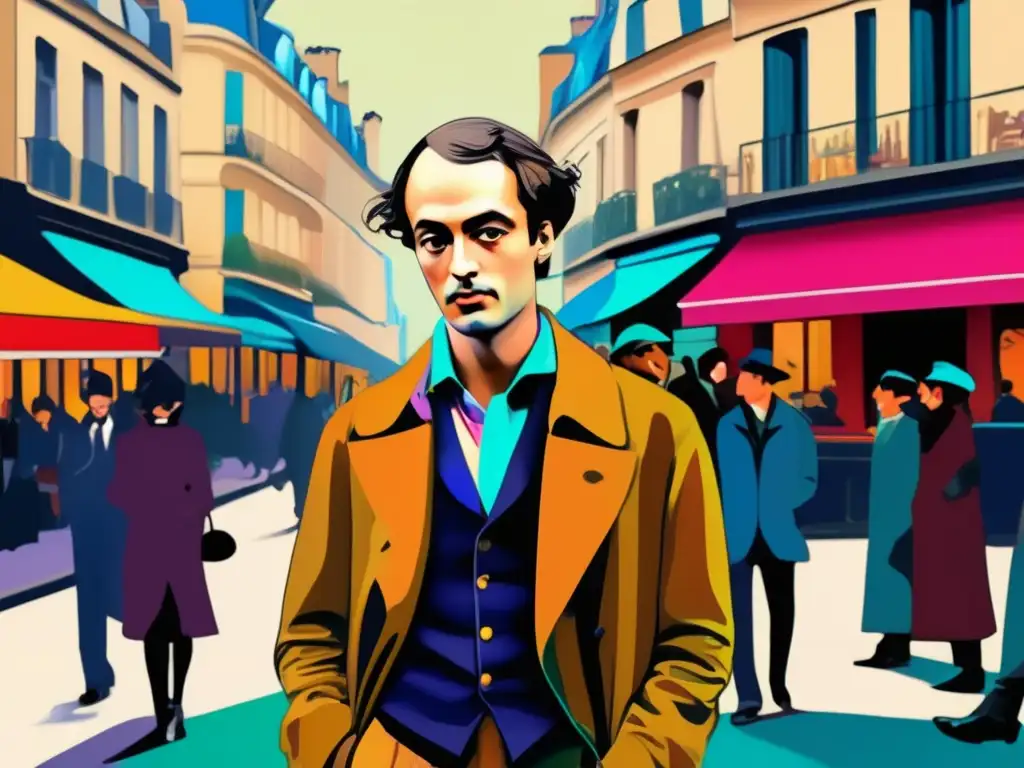 Un moderno cuadro digital de Charles Baudelaire en las calles de París, vibrante y detallado, capturando su juventud bohemia