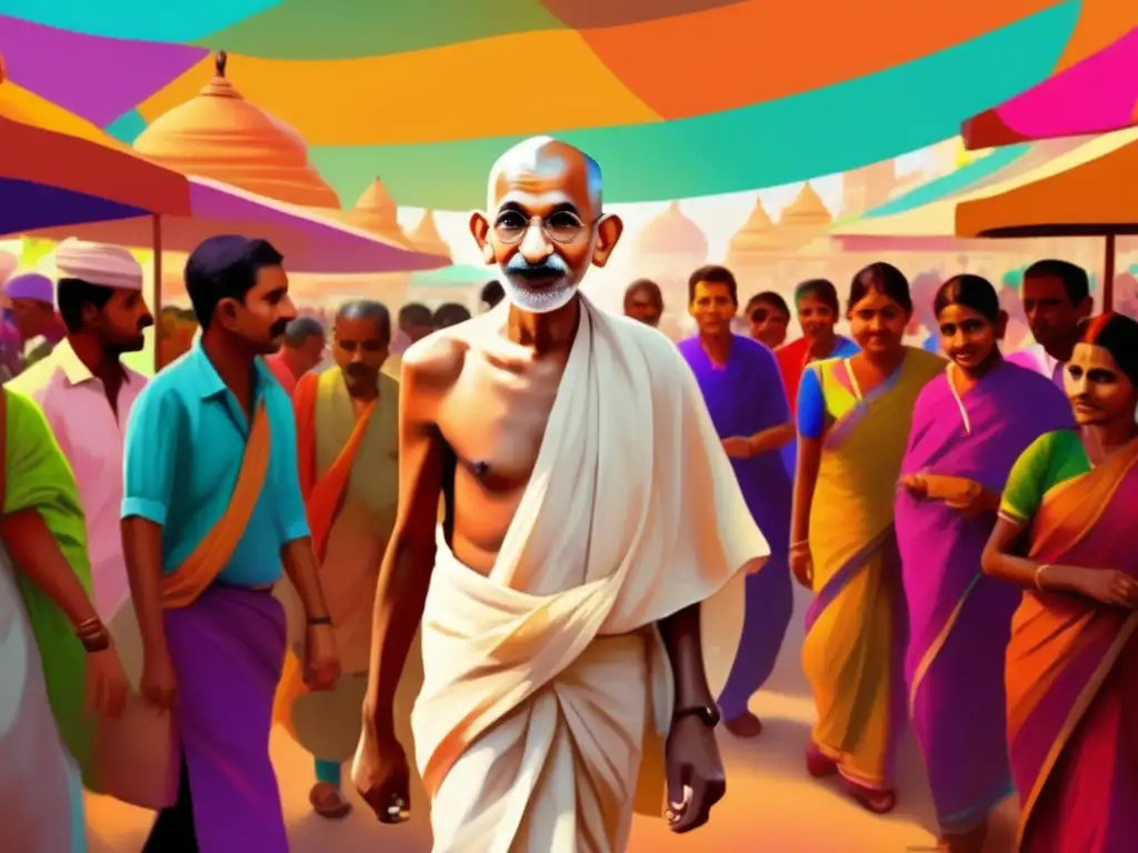 Un moderno cuadro digital de alta resolución muestra a un joven Mahatma Gandhi caminando por un bullicioso mercado indio
