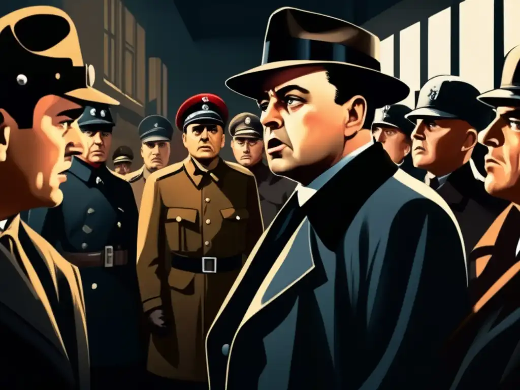 Un moderno cuadro digital de alta resolución muestra a Jean Moulin desafiante frente a la Gestapo, con una intensa atmósfera de peligro y valentía