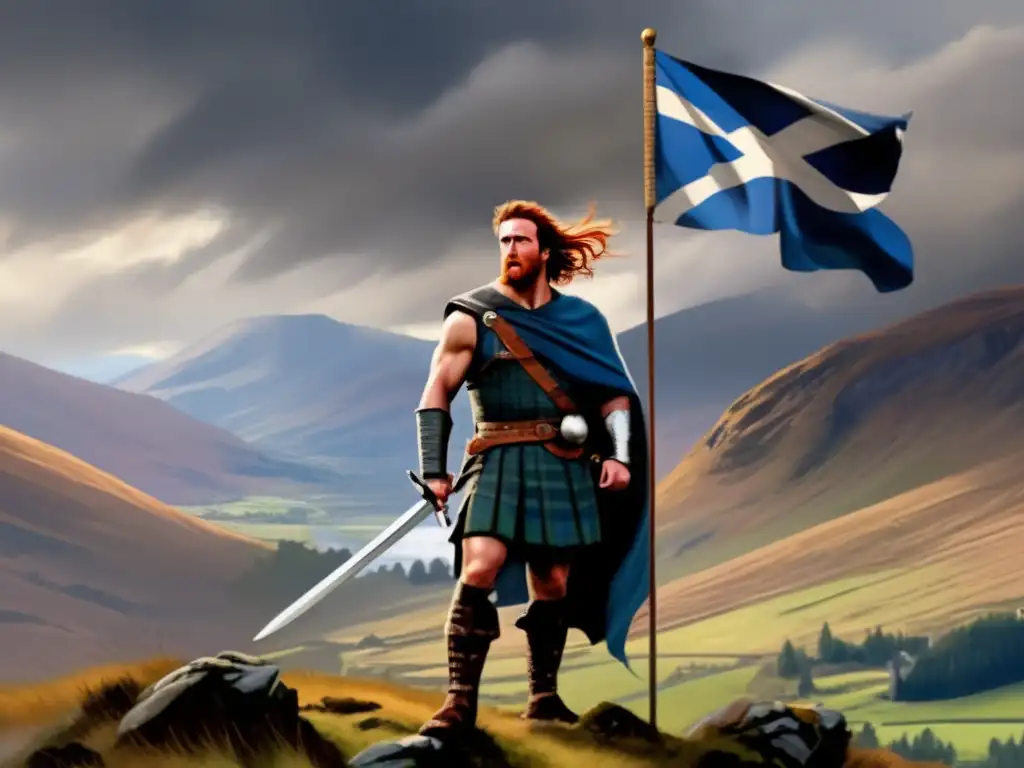 Un moderno cuadro digital de alta resolución muestra a William Wallace desafiante en las Tierras Altas de Escocia