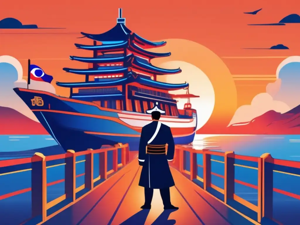 El almirante Yi Sunsin: obra digital impactante del siglo XXI Un moderno y deslumbrante retrato digital del Almirante Yi Sunsin en un buque tortuga, con el sol poniéndose detrás y el océano extendiéndose ante él