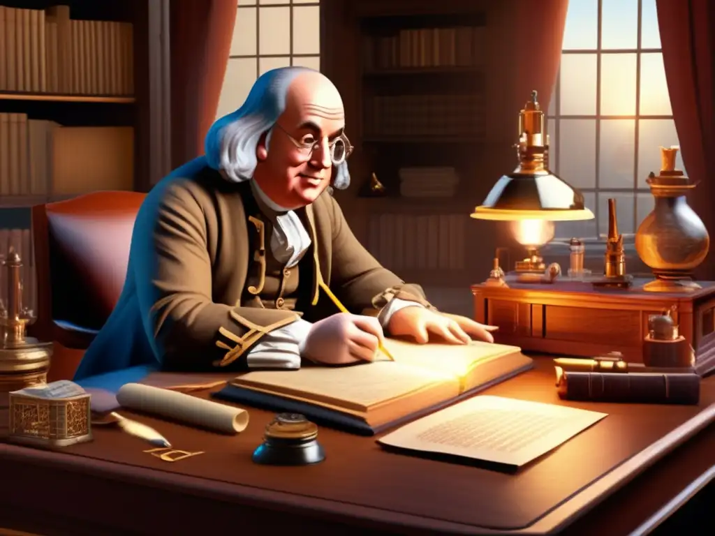 Benjamin Franklin inventor mundo moderno - Detallada imagen de Franklin en su escritorio, rodeado de instrumentos científicos