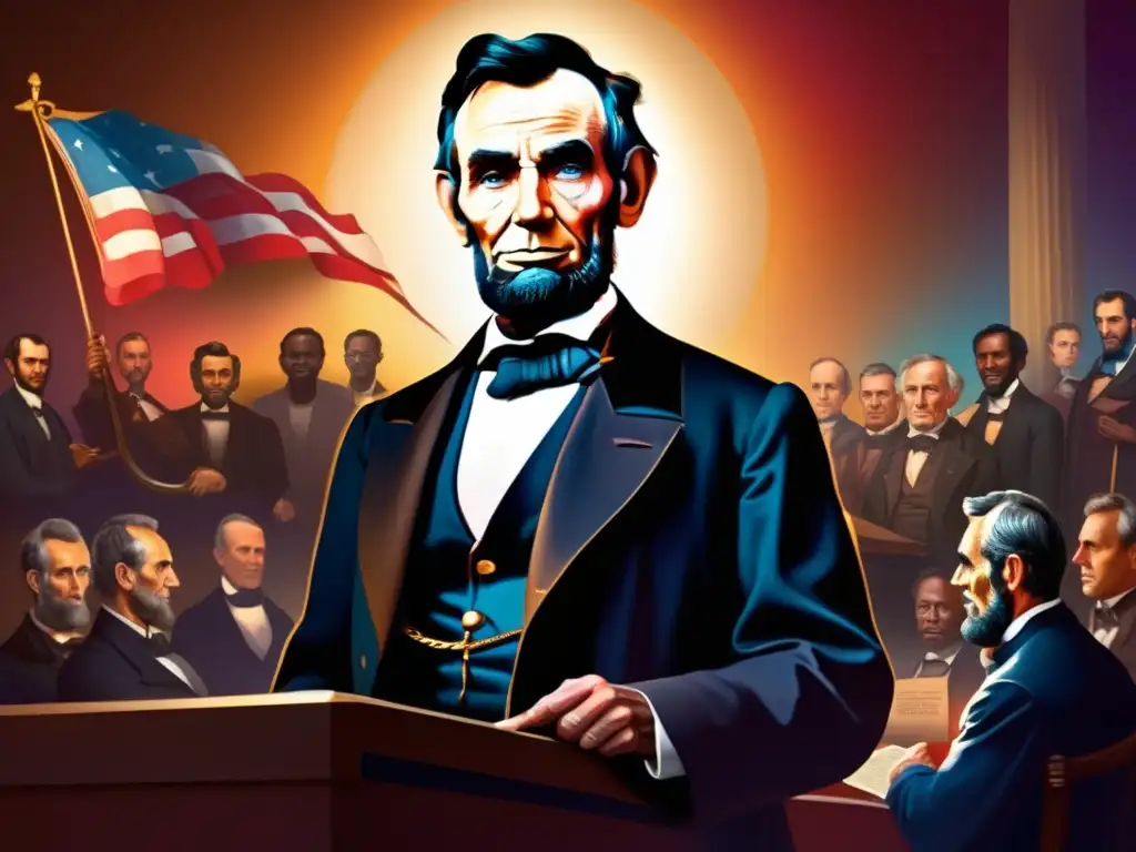Un moderno y detallado arte digital de Abraham Lincoln entregando la Proclamación de Emancipación, con iluminación dramática y colores vibrantes