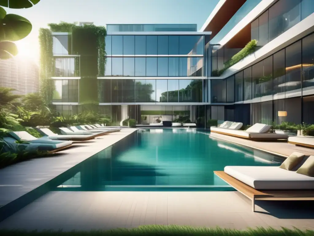 Un moderno edificio de apartamentos con piscina rodeado de vegetación exuberante