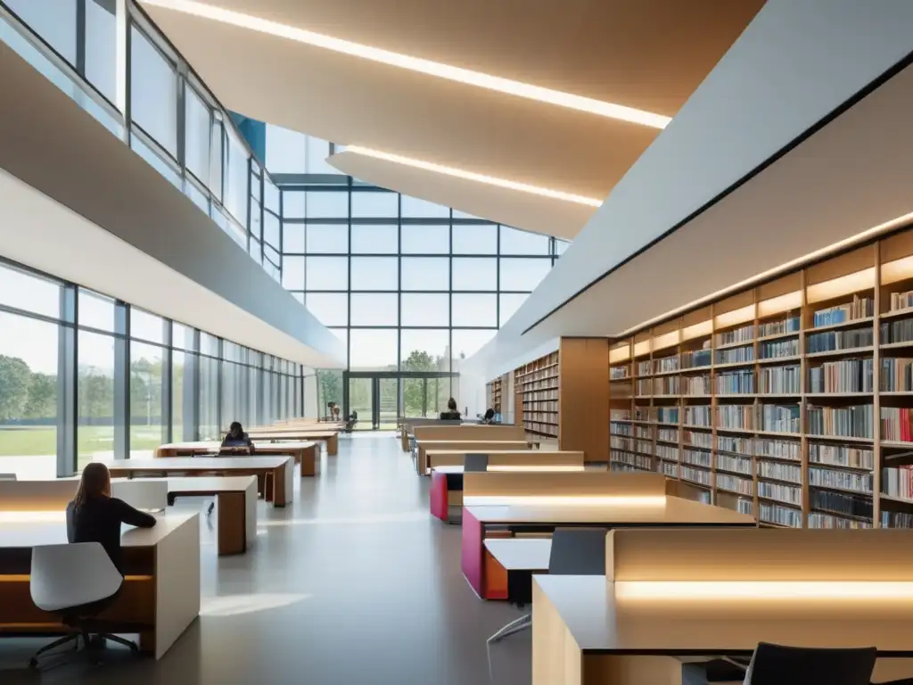 Un moderno espacio de biblioteca con arquitectura geométrica, estanterías de libros y área de estudio contemporánea