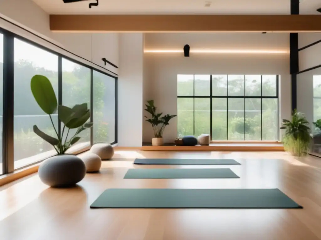 En un moderno estudio de yoga, practicantes en poses de yoga, bañados por luz natural, reflejan el control mental en Yoga Sutras Patanjali