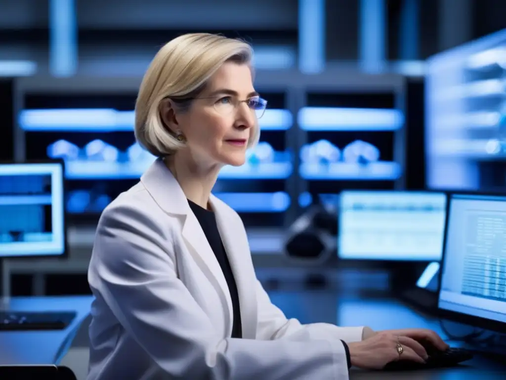 En el moderno laboratorio, Jennifer Doudna se enfoca en secuencias genéticas en su pantalla