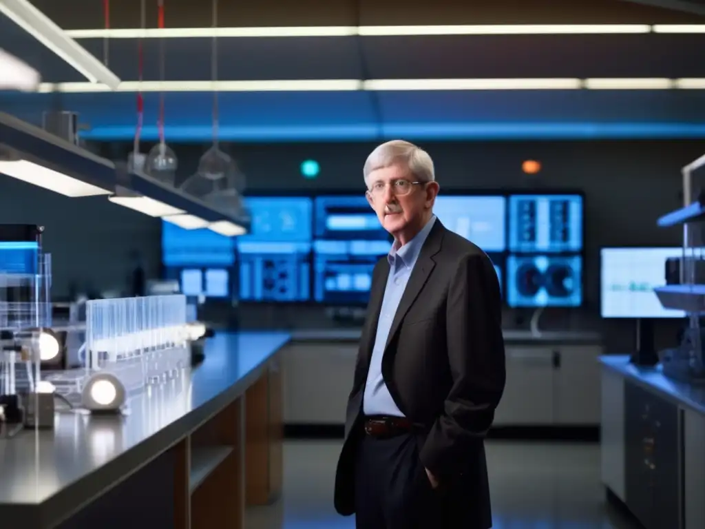 Francis Collins reflexiona en un moderno laboratorio, iluminado por una suave luz, simbolizando su conversión al Cristianismo