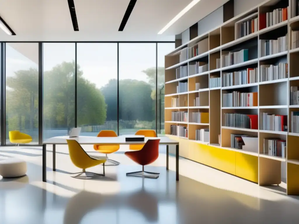 Un moderno y minimalista espacio de estudio con estanterías metálicas y muebles geométricos