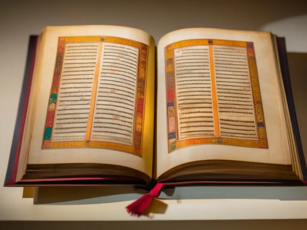 Tesoro milenario: 'Ramcharitmanas' en moderno museo En un moderno museo, se exhibe el antiguo manuscrito 'Ramcharitmanas' con ilustraciones detalladas y caligrafía intrincada