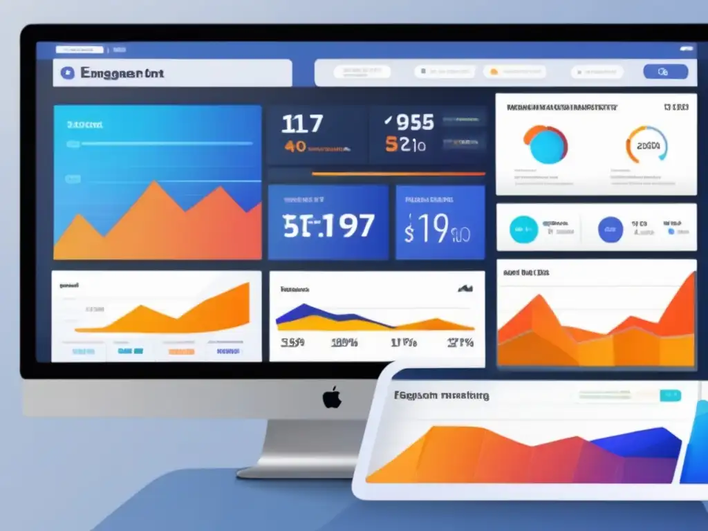Un moderno panel de control de marketing digital para Facebook ofrece análisis en tiempo real con gráficos vibrantes y métricas clave
