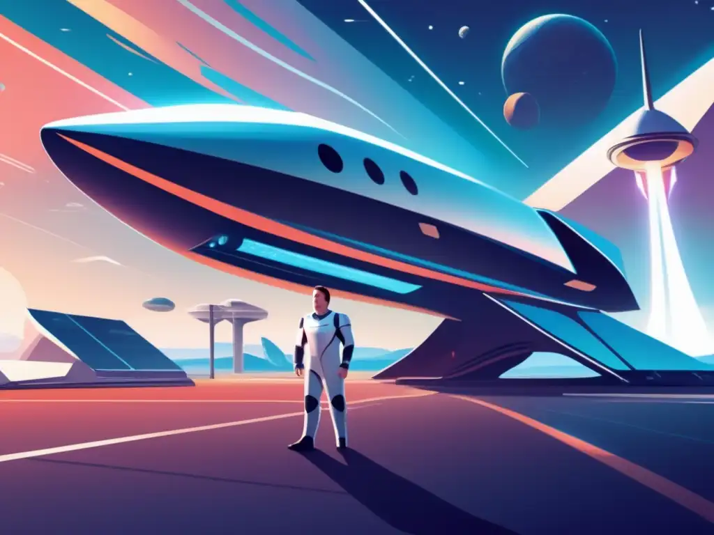 En la ilustración, Elon Musk se encuentra en un moderno puerto espacial, listo para el lanzamiento