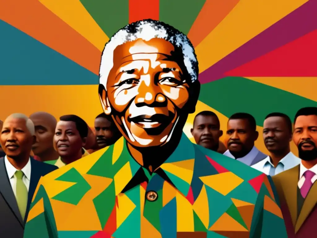Un moderno retrato digital de Nelson Mandela en su camino hacia la libertad, rodeado de diversidad y solidaridad en medio del apartheid