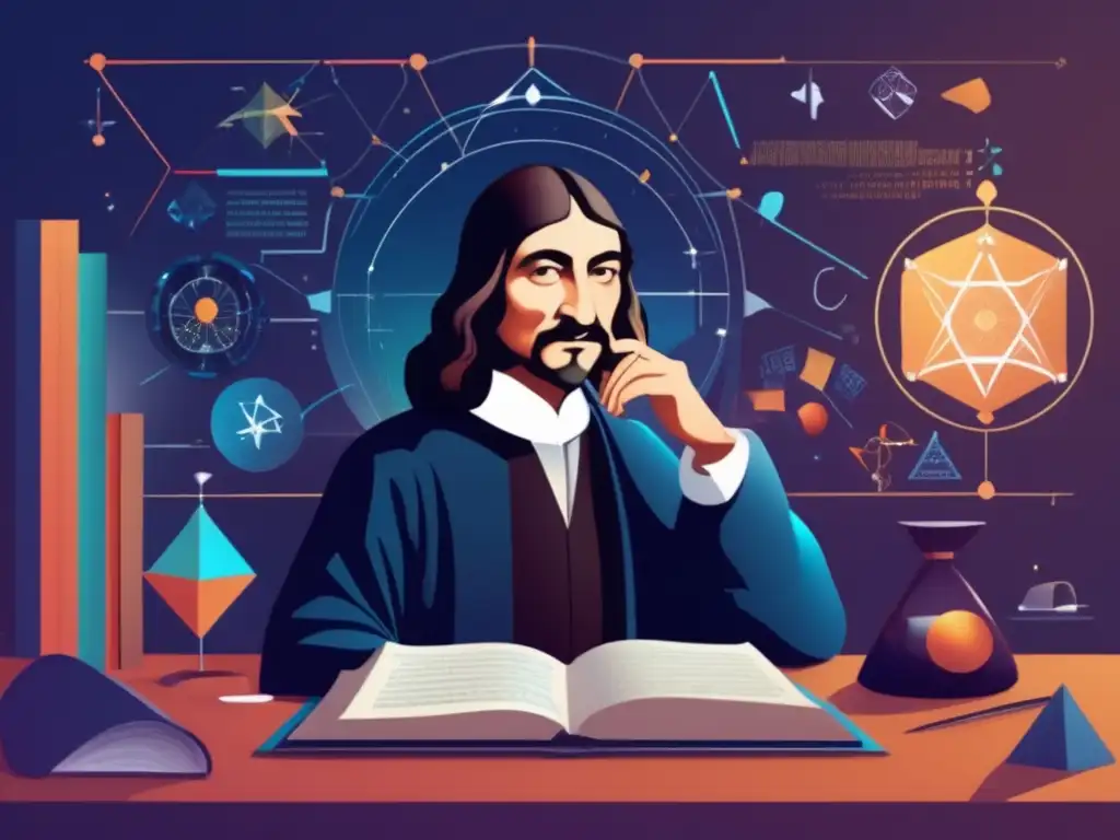 Un moderno retrato digital de René Descartes inmerso en sus pensamientos, rodeado de instrumentos científicos y símbolos religiosos