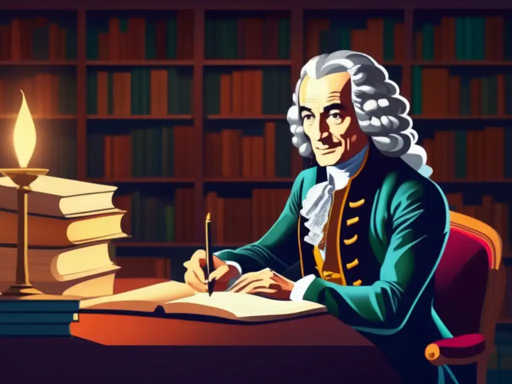 Un moderno retrato digital de Voltaire, filósofo ilustrado, inmerso en su escritura y rodeado de libros y papeles