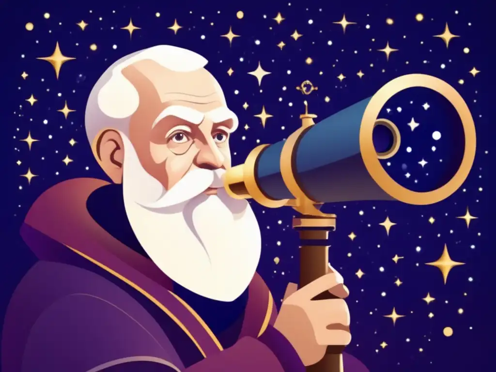 Un moderno retrato digital de Galileo Galilei observando a través de un telescopio, inmerso en la exploración del cosmos