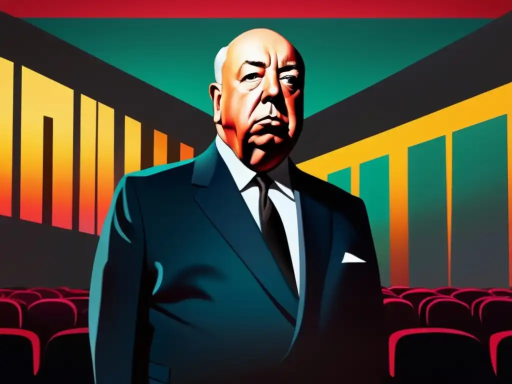 Un moderno retrato digital de Alfred Hitchcock, con iluminación dramática y colores vibrantes en el set