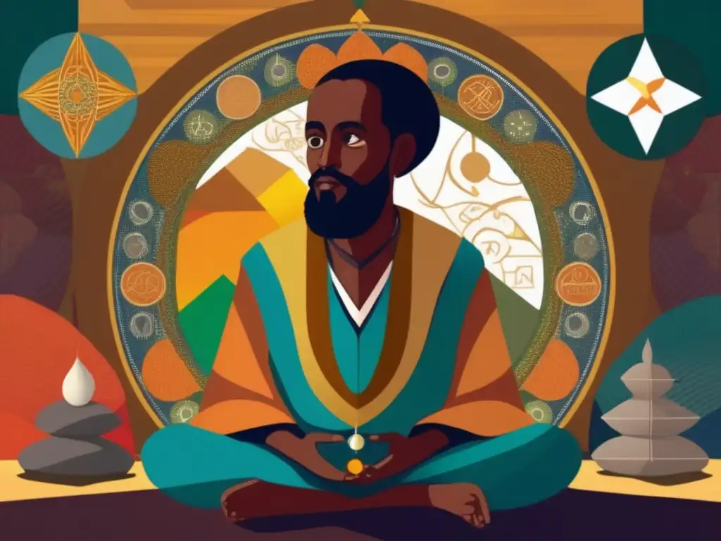 Un moderno retrato digital de Zera Yacob, el filósofo etíope, inmerso en la reflexión, rodeado de simbolismo que representa su búsqueda de la razón y la iluminación