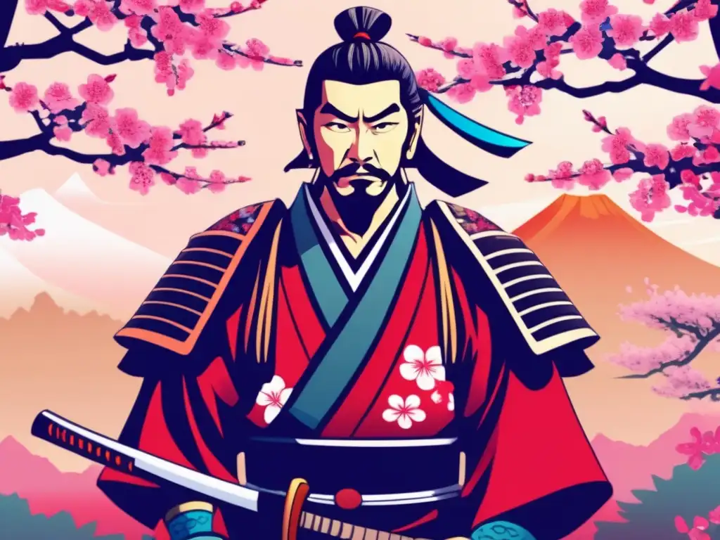 Un moderno retrato digital de Miyamoto Musashi Samurai en un jardín japonés con árboles de cerezo en flor