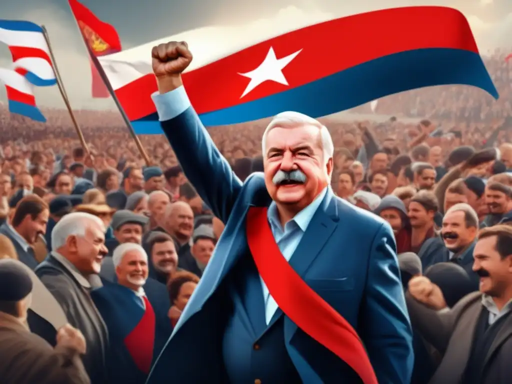 Un moderno retrato digital de Lech Wałęsa, líder del Movimiento Solidaridad, con el puño en alto entre la multitud