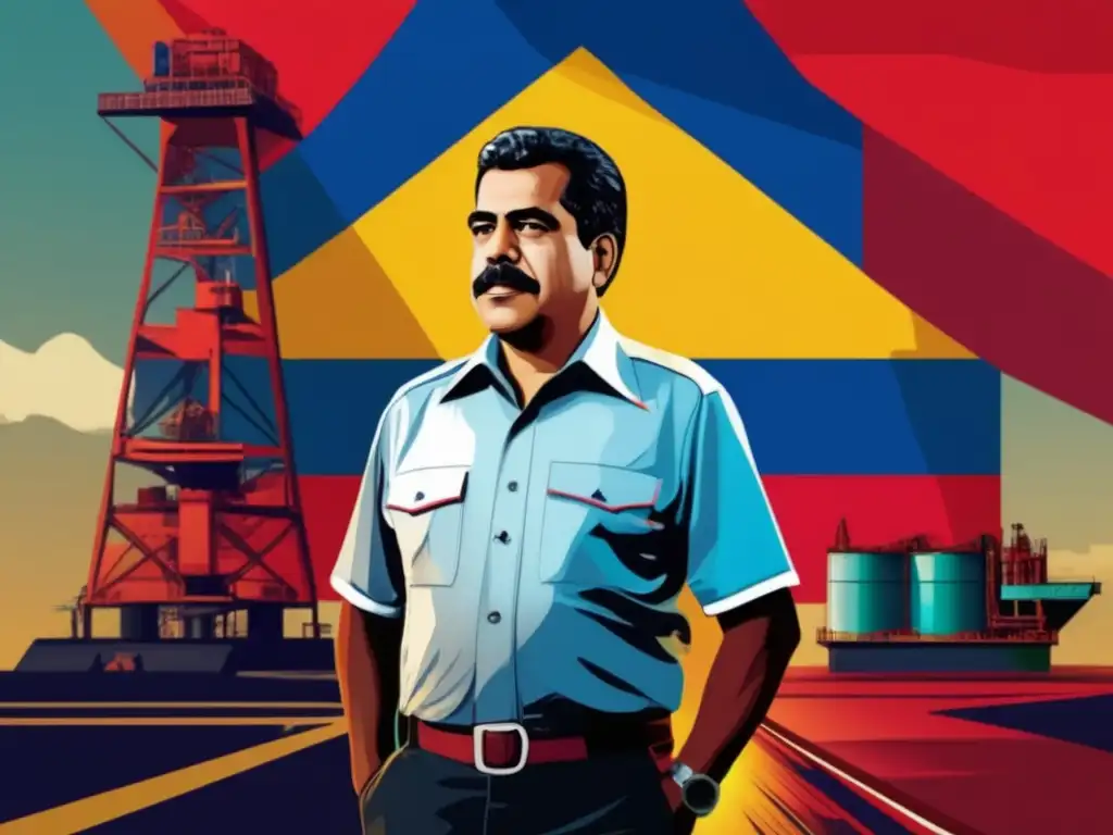 Un moderno retrato digital de Juan Vicente Gómez frente a una plataforma petrolera, con la vibrante bandera venezolana ondeando al fondo