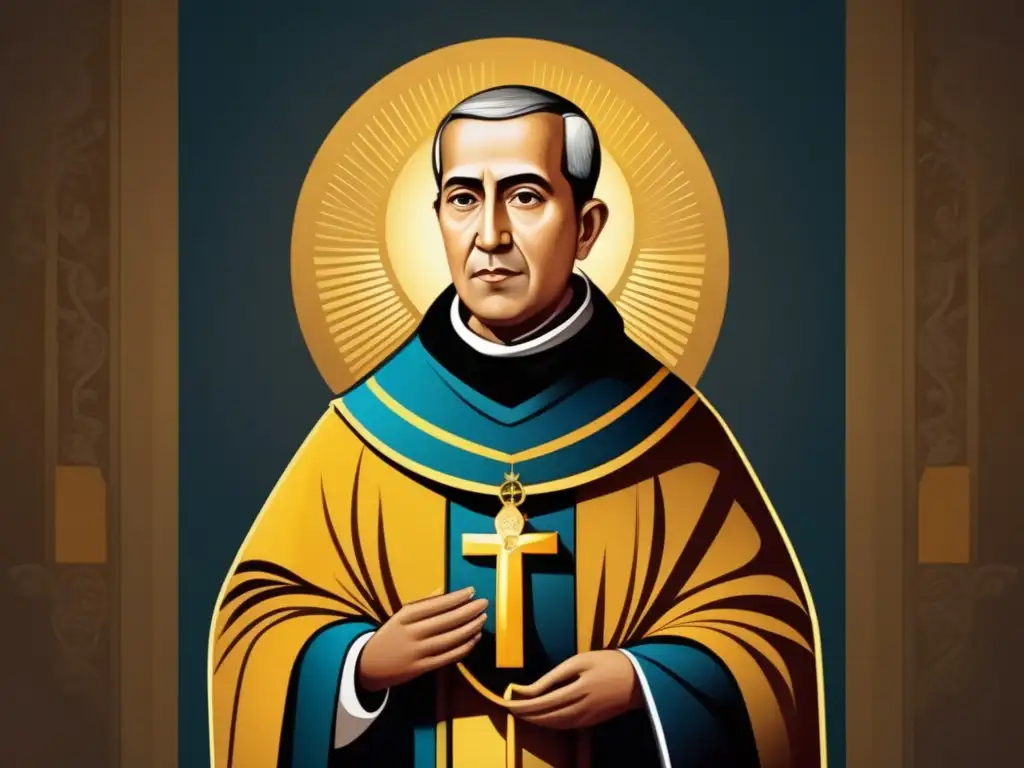 Santo Tomás de Aquino: Poder teológico y sabiduría eterna Un moderno retrato digital de Santo Tomás de Aquino, gigante intelectual de la teología cristiana, exudando sabiduría y profundidad en su contemplación teológica