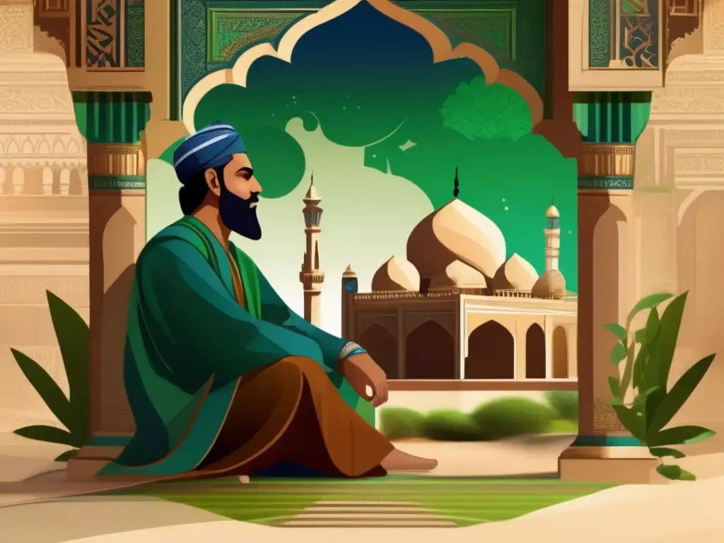 Un moderno retrato digital sereno de Ibn Tufail, rodeado de exuberante vegetación y elementos arquitectónicos antiguos