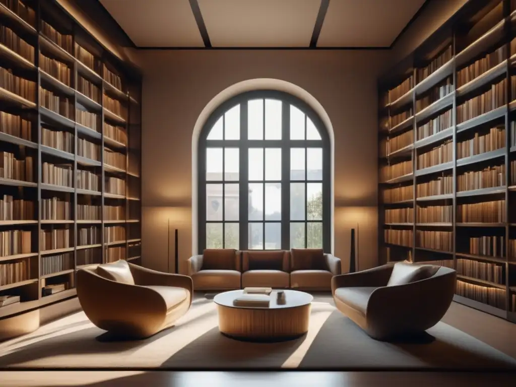 Avicenna's Legacy: Belleza y Sabiduría en Biblioteca Moderna Un moderno salón de biblioteca con estantes de piso a techo llenos de manuscritos antiguos iluminados por luz natural