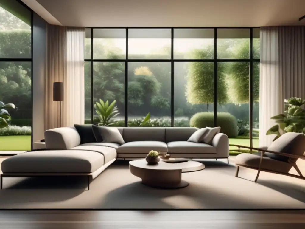 Un moderno salón con vistas a un exuberante jardín, muebles minimalistas, paleta neutra y mucha luz natural