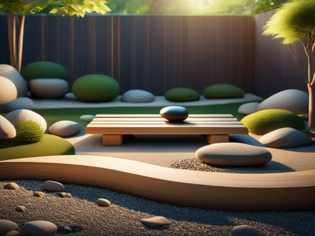 Un jardín Zen moderno y sereno con gravilla rastrillada, rocas cuidadosamente colocadas y un telón de fondo de exuberante vegetación