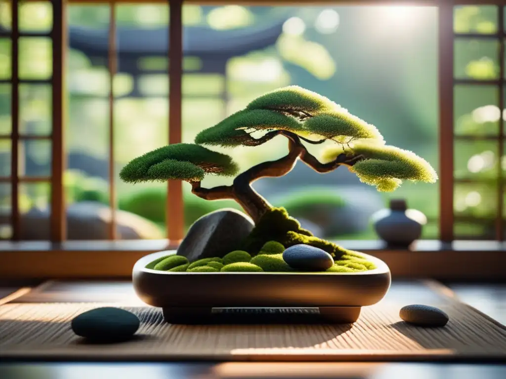 Un jardín zen moderno y sereno con gravilla, piedras y musgo verde