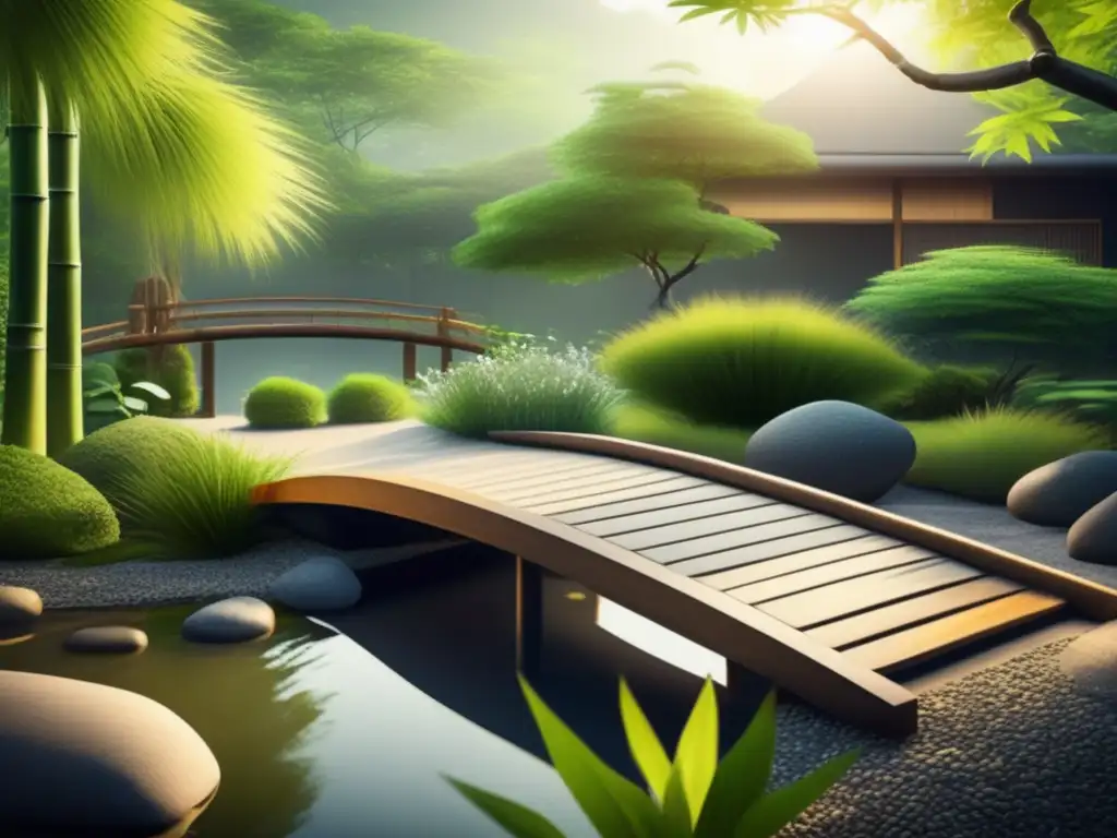Un jardín Zen moderno y sereno con un puente de madera minimalista sobre un estanque tranquilo, rodeado de exuberante vegetación y bambú alto