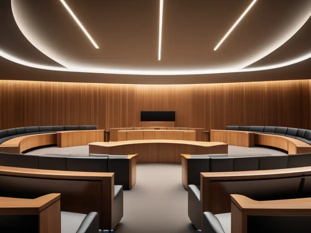 Un moderno tribunal vacío que evoca solemnidad y equidad, ideal para la teoría justicia equidad John Rawls