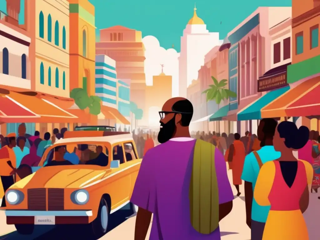 Ultradetalle de Pablo en misión transcultural- Un moderno Pablo apóstol en su viaje transcultural, dialogando con personas de diversas culturas en una bulliciosa ciudad