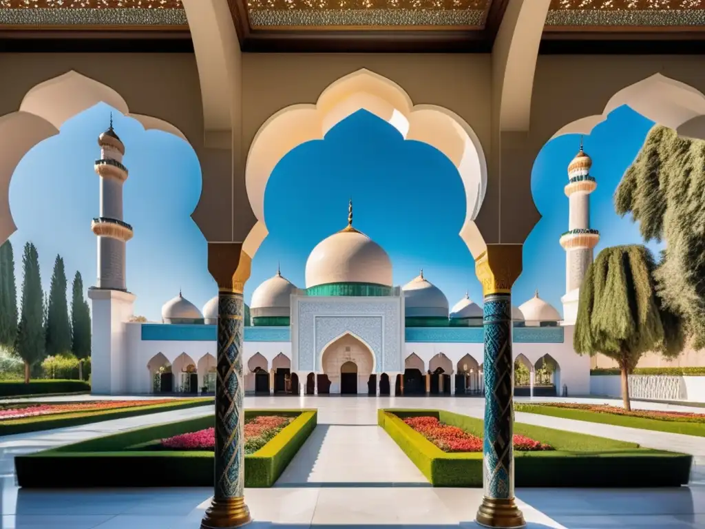 Un moderno y vibrante paisaje con una mezquita de líneas elegantes resplandece bajo el cielo azul