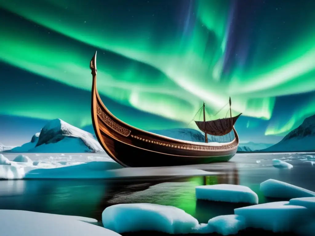 Un moderno drakkar vikingo navega bajo las luces del norte en aguas heladas