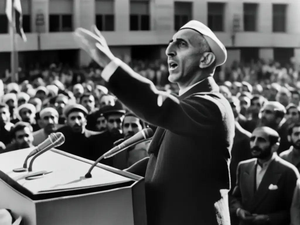 Mohammad Mosaddegh en un discurso apasionado rodeado de seguidores con pancartas, capturando el liderazgo durante el Golpe de Estado de 1953 en Irán