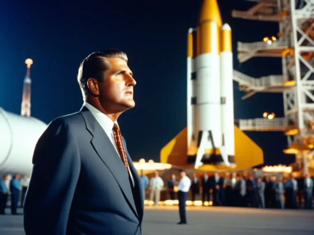 Un momento emocionante en la historia de la exploración espacial: Wernher von Braun junto al imponente cohete Saturno V en el Centro Espacial Kennedy