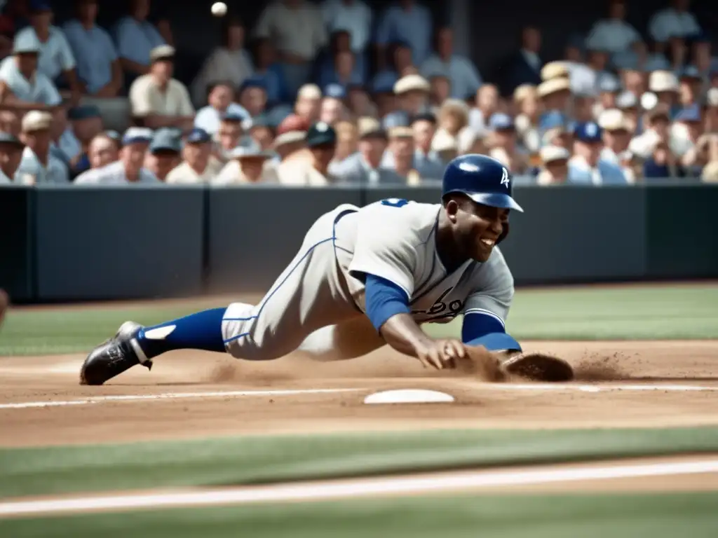 Un momento épico en el béisbol: Jackie Robinson deslizándose a home plate, capturando su determinación y la energía del juego