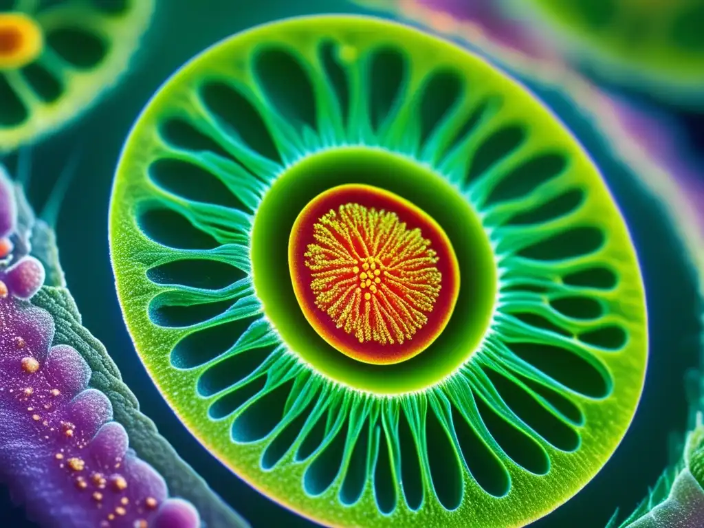 Un momento fascinante en la biología, capturando la mitosis de una célula vegetal con colores intensos y detalles precisos