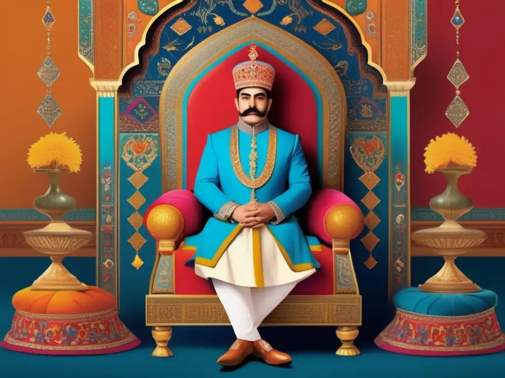 El Monarca Persa Naser alDin Shah Qajar en su trono, rodeado de símbolos de innovación y tradición, reflejando opulencia y complejidad