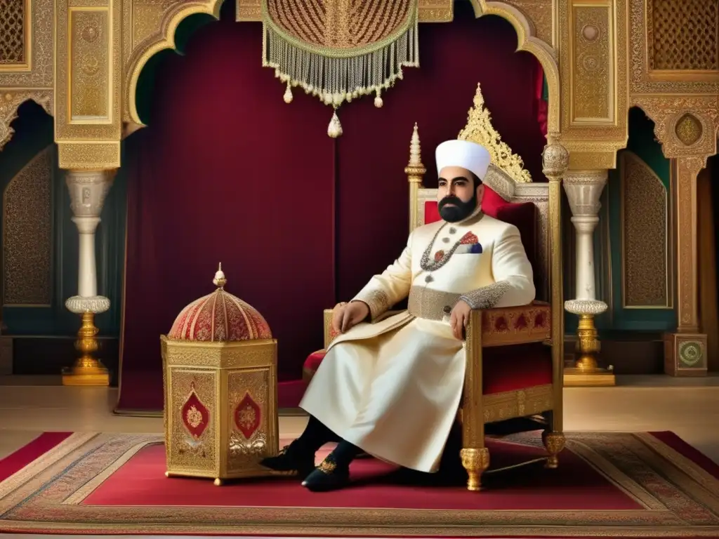 El Monarca Persa Naser alDin Shah Qajar, retratado con opulencia en un trono, rodeado de lujo y poder histórico