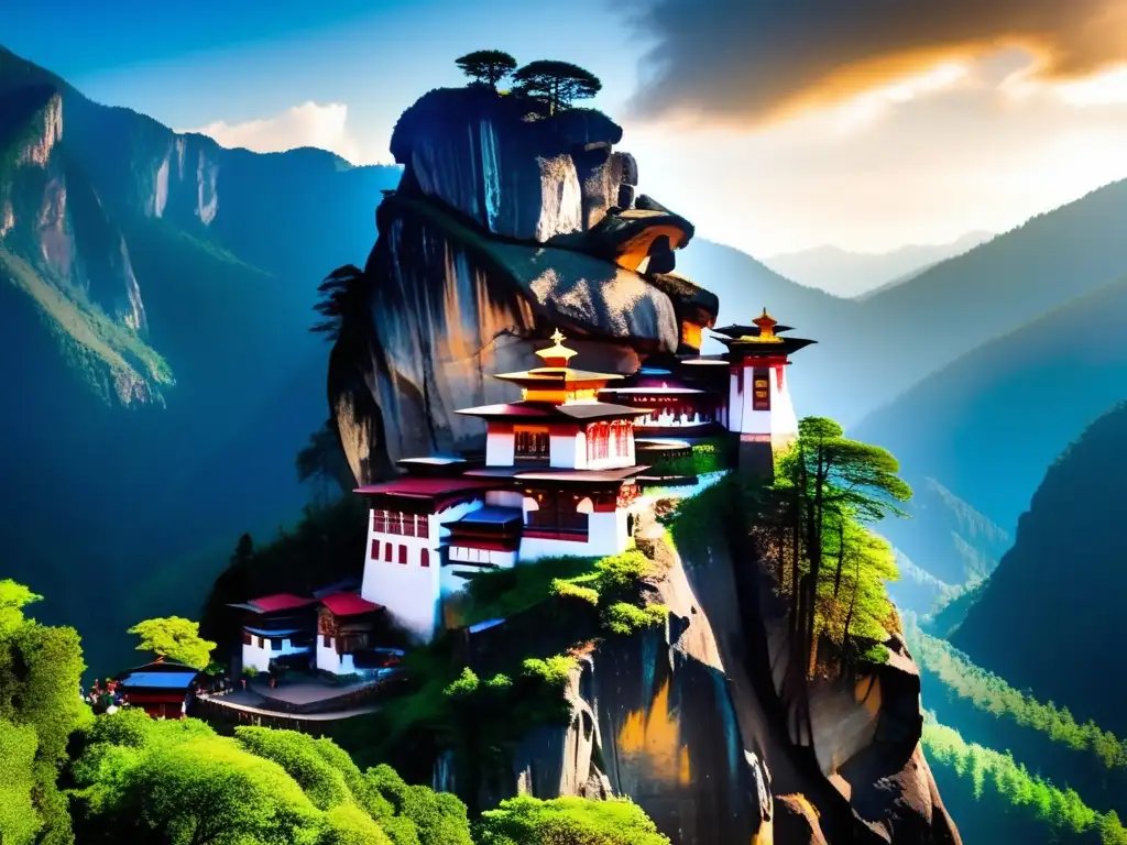 Maravillosa vista del monasterio Paro Taktsang en Bhután: un oasis espiritual en la naturaleza Un monasterio impresionante, Paro Taktsang, se alza en un acantilado en Bhután, rodeado de exuberante vegetación