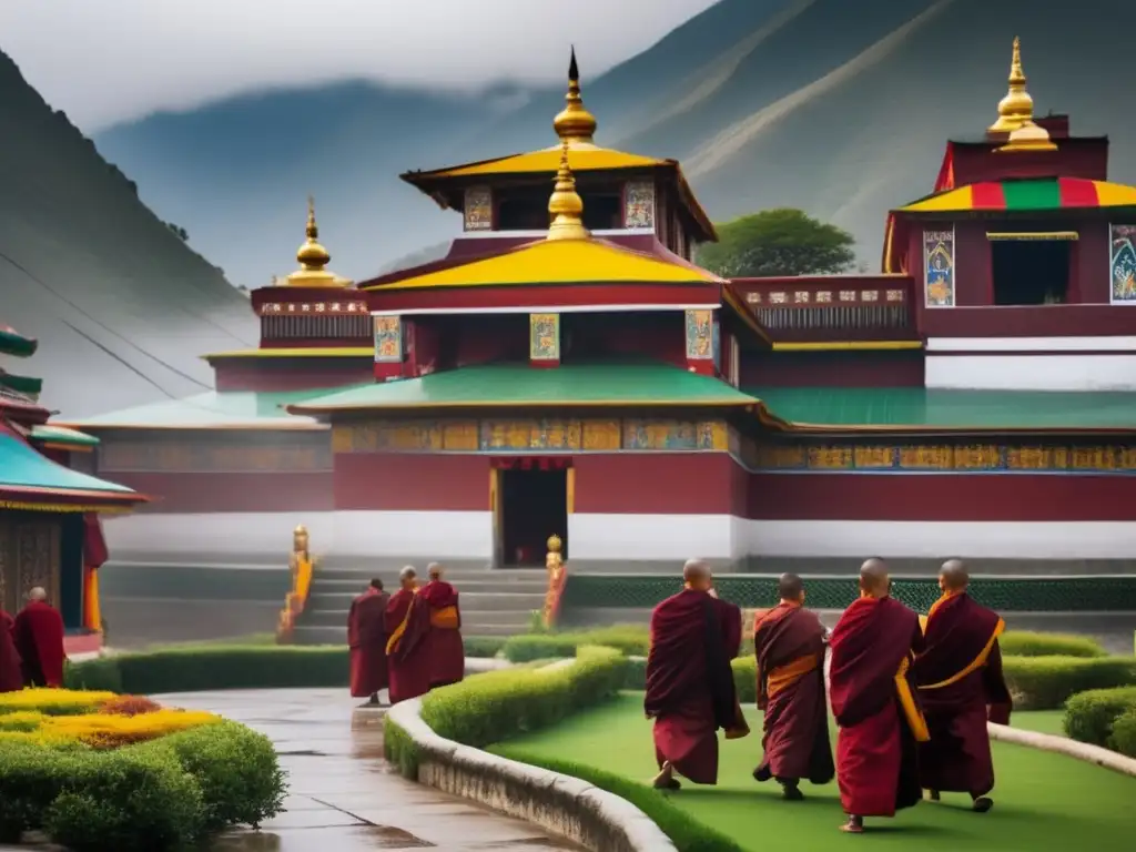 Un monasterio tibetano en la neblina de montañas, con monjes debatiendo animadamente sobre lógica y debate en budismo tibetano